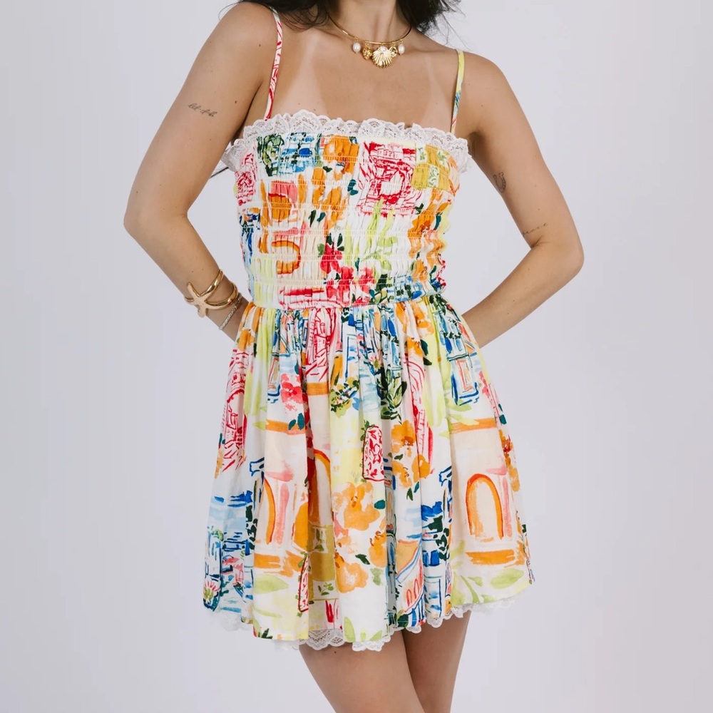 Multicolor Smocked Lace-Trim Mini Sundress